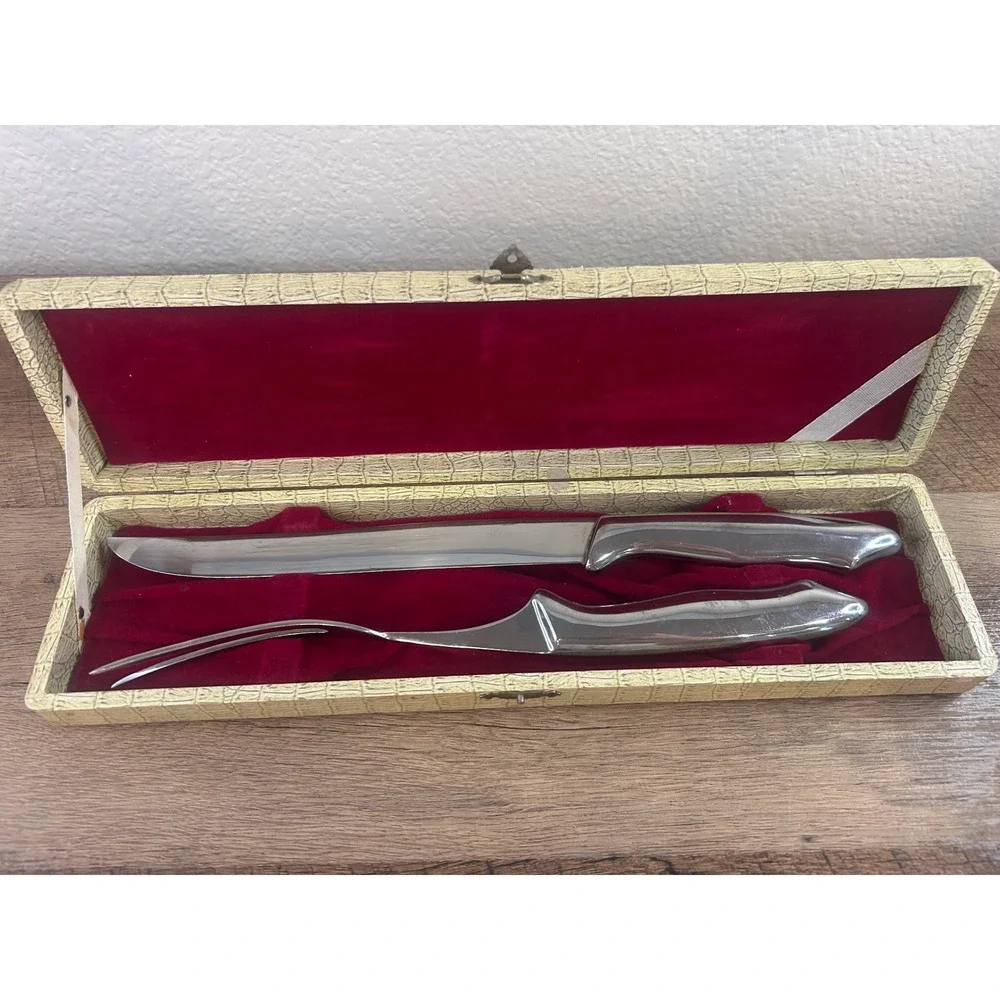 Vintage Japan Stainless Steel Carving Set Knife Fork MCM Faux Croc Box 3401